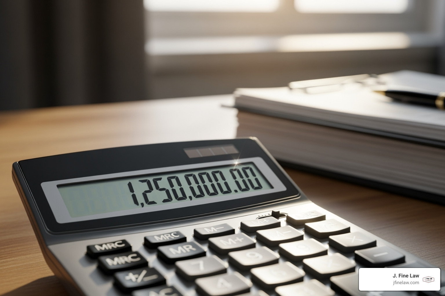 A calculator showing a large settlement sum, symbolizing the potential compensation recoverable after a car accident - car crash compensation attorney