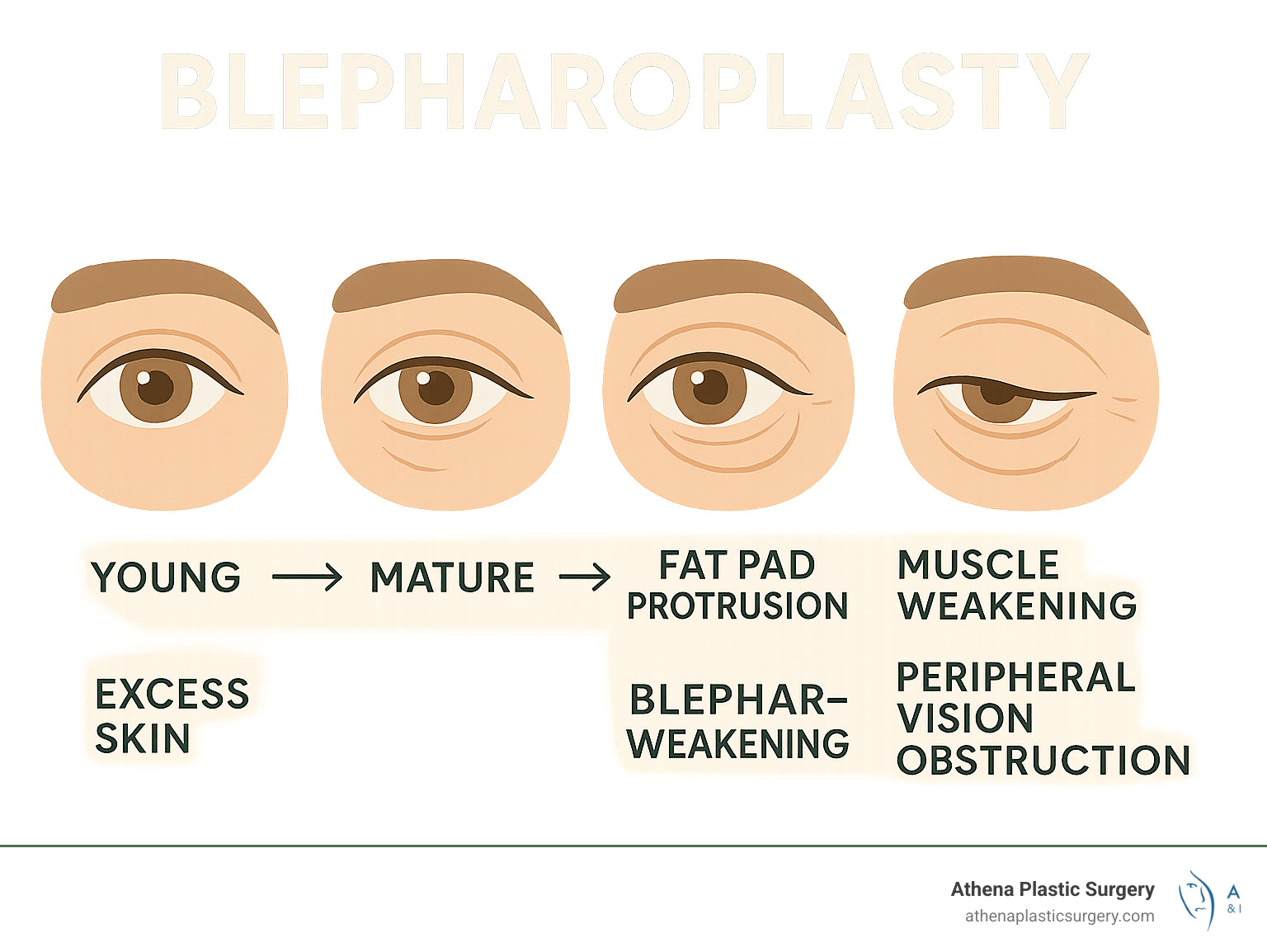 Infographic showing the progression of eyelid aging from young to mature, highlighting excess skin formation, fat pad protrusion, muscle weakening, and peripheral vision obstruction that blepharoplasty can address - blepharoplasty infographic 