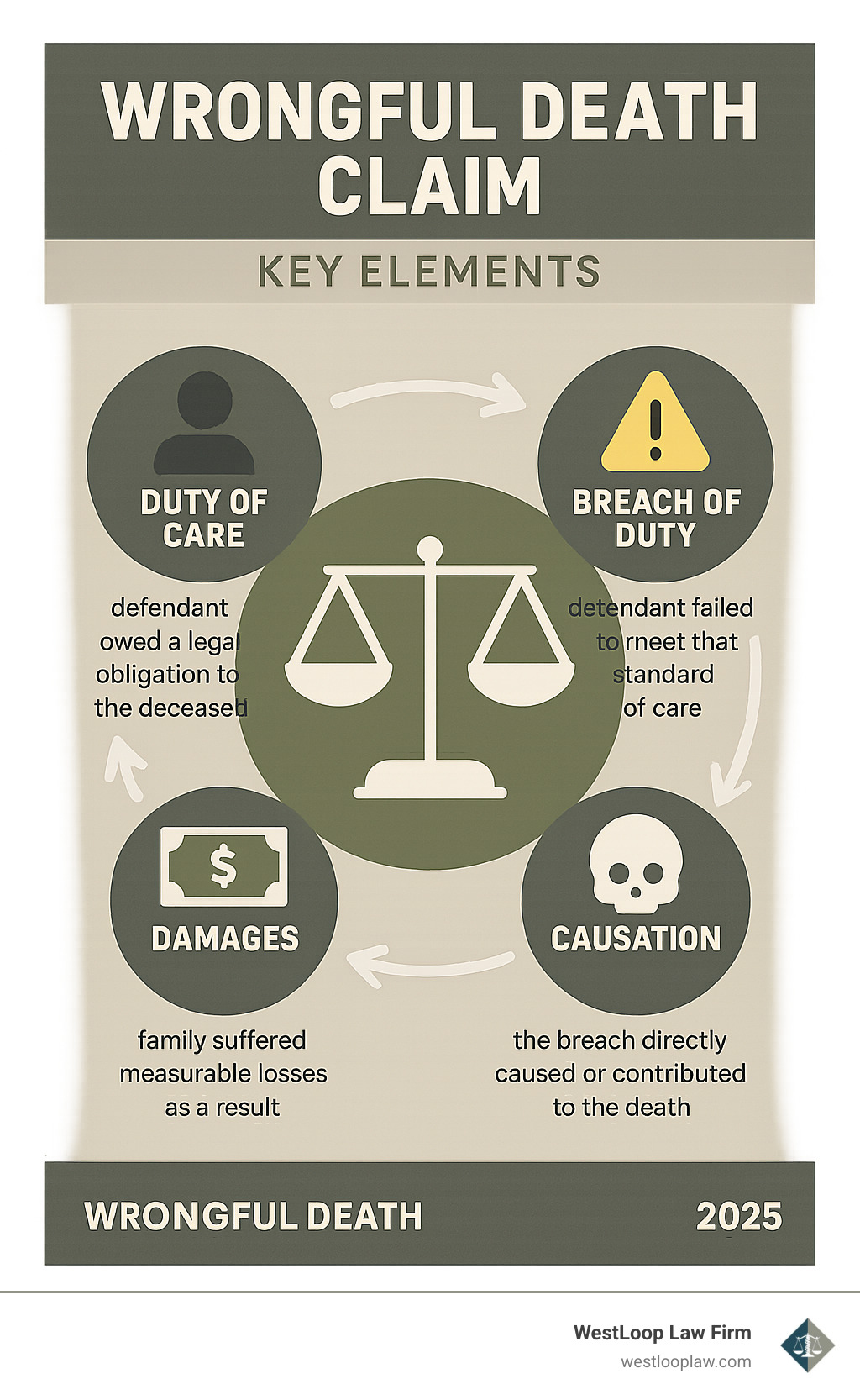 Infographic showing the four core elements of a wrongful death claim: Duty of Care (defendant owed a legal obligation to the deceased), Breach of Duty (defendant failed to meet that standard of care), Causation (the breach directly caused or contributed to the death), and Damages (family suffered measurable losses as a result) - wrongful death law firm infographic 