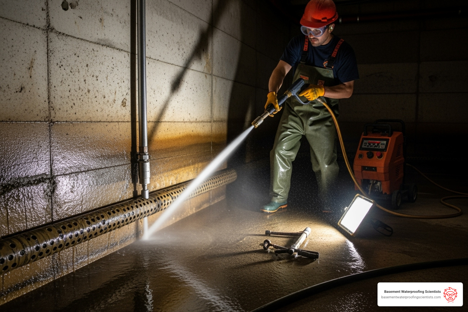 Image of a professional using a hydro-jetting machine. - cleaning out weeping tiles