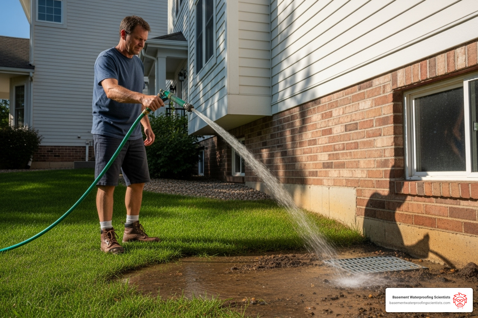 Image of a homeowner using a garden hose near their foundation to test the weeping tile system. - cleaning out weeping tiles