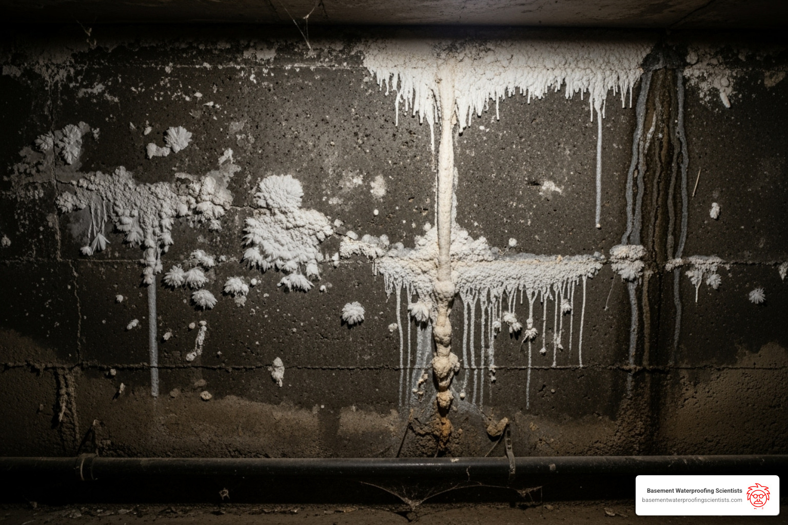Image of a damp basement wall with efflorescence. - cleaning out weeping tiles
