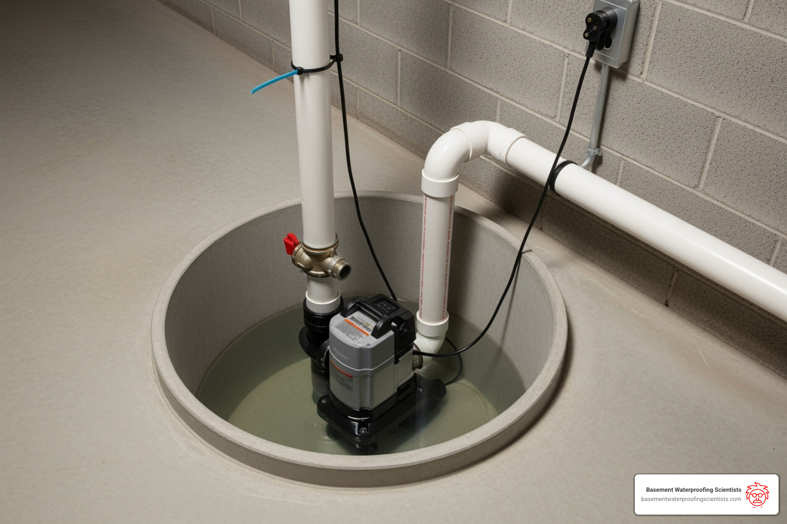 Image of a properly installed sump pump in a sump pit. - cleaning out weeping tiles
