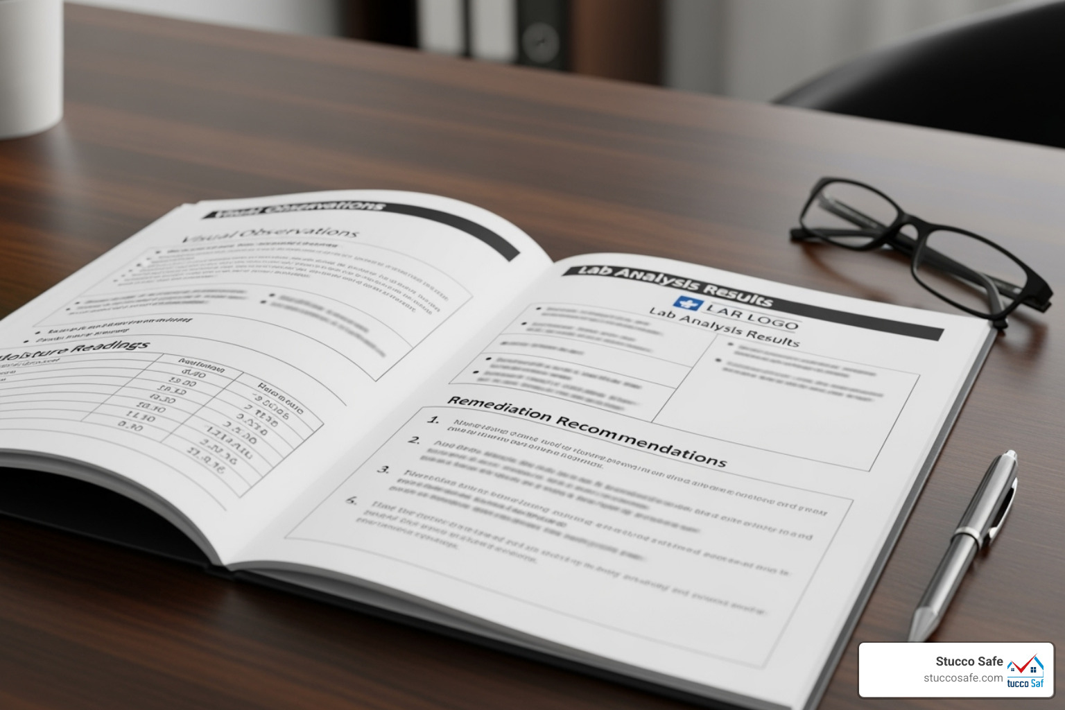 A sample mold inspection report summary showing sections for visual observations, moisture readings, lab analysis results, and remediation recommendations - inspector for mold