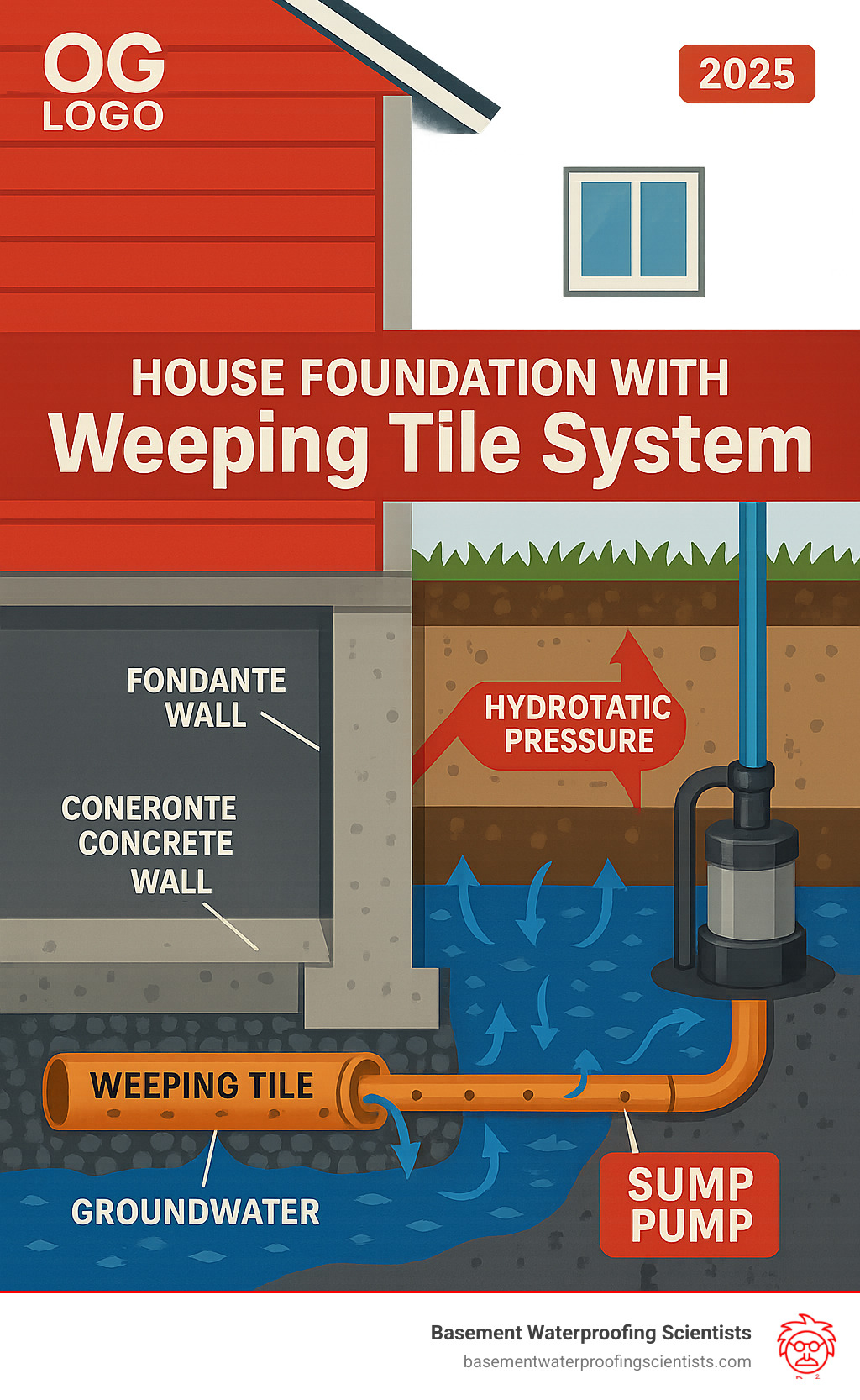 Detailed infographic showing cross-section of house foundation with weeping tile system collecting groundwater through perforated pipes, directing water to sump pump, and protecting basement from hydrostatic pressure buildup - cleaning out weeping tiles infographic 