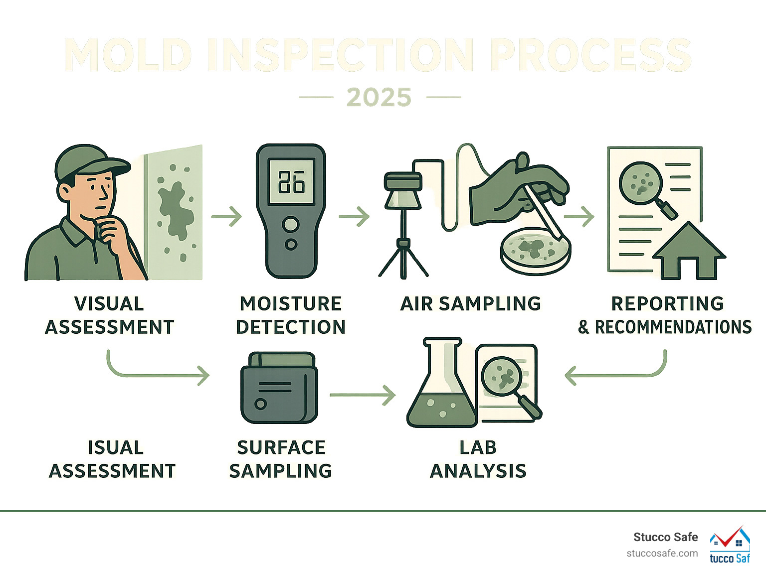 Detailed infographic showing the mold inspection process from initial visual assessment through moisture detection, air sampling, surface sampling, lab analysis, and final reporting with remediation recommendations - inspector for mold infographic 