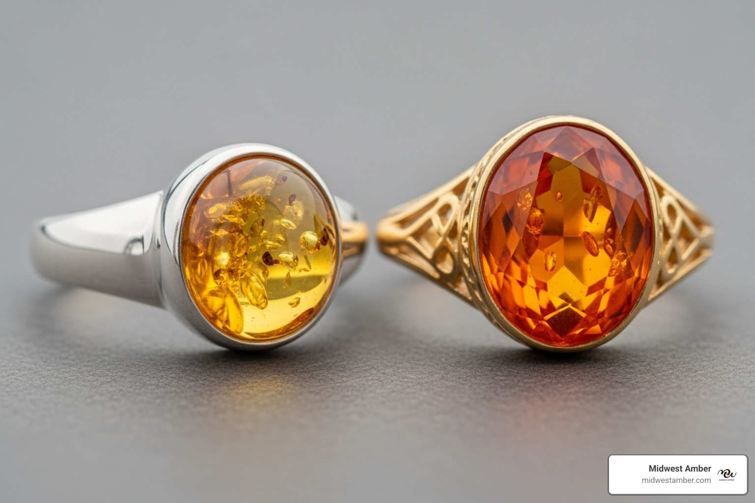 two amber rings, one in silver and one in gold, side-by-side - amber rings