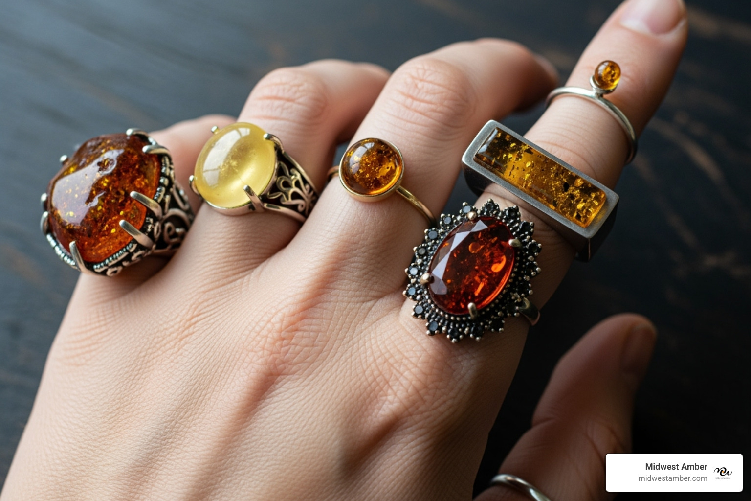a hand wearing multiple amber rings in different styles (boho, minimalist, statement) - amber rings