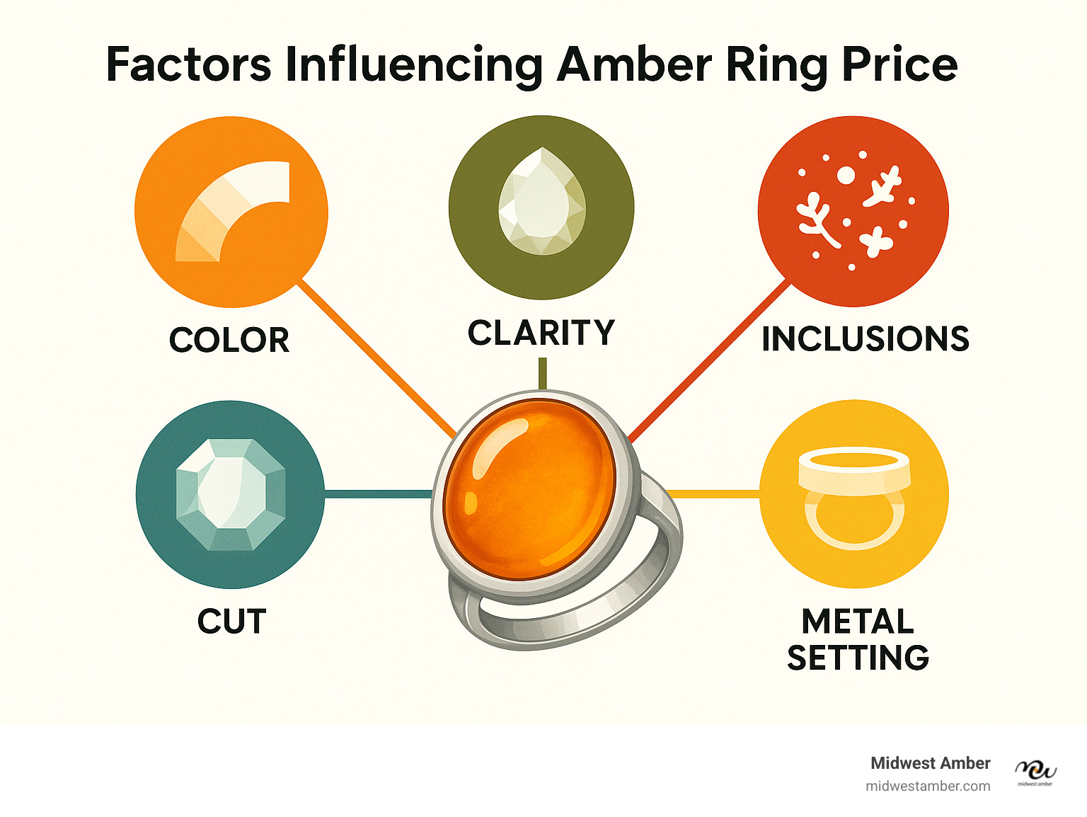 Infographic showing factors that influence the price of amber rings, including color, clarity, inclusions, cut, and metal setting - amber rings infographic 