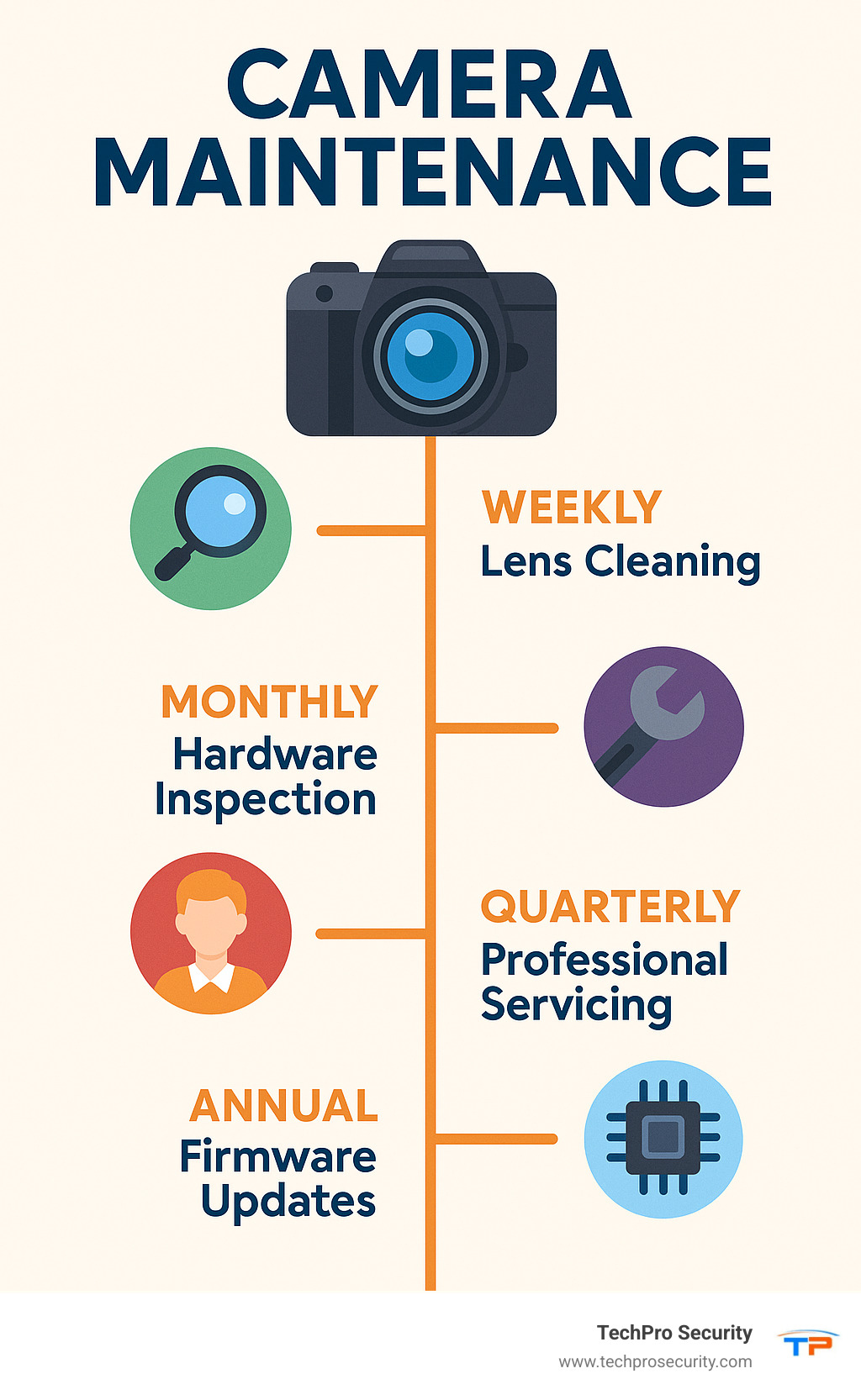 Infographic showing weekly lens cleaning, monthly hardware inspection, quarterly professional servicing, and annual firmware updates with corresponding icons and timeline - camera maintenance infographic 