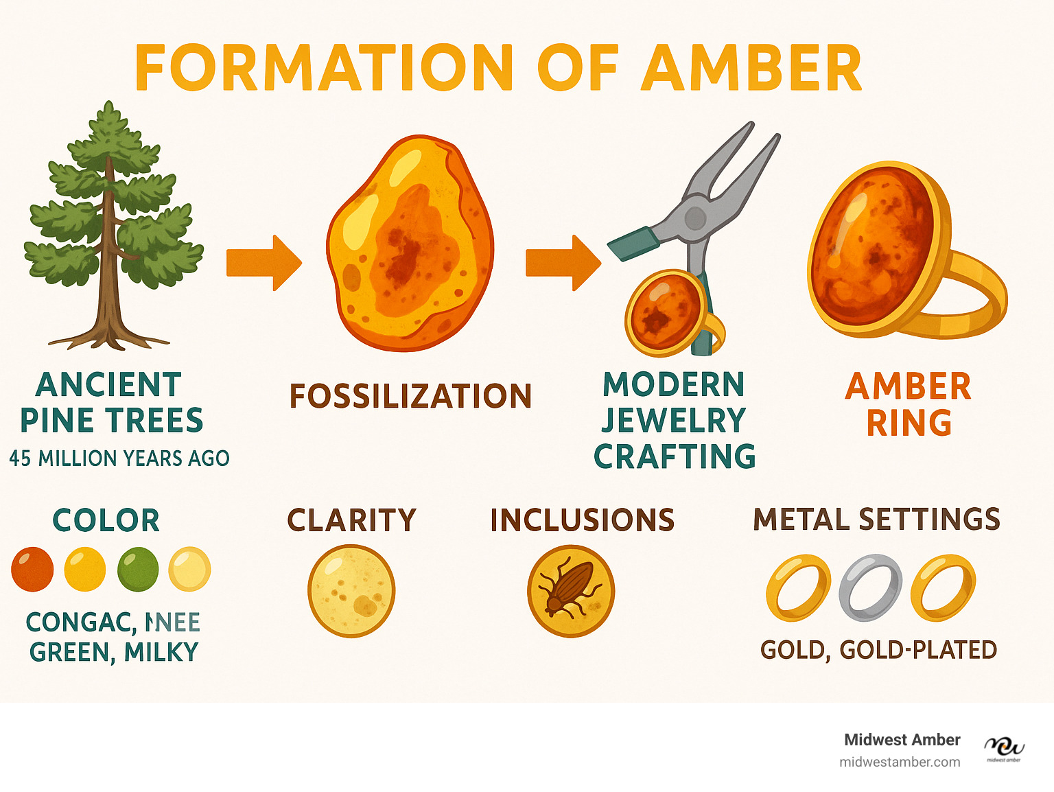Infographic showing the journey of amber formation from ancient pine trees 45 million years ago through fossilization process to modern jewelry crafting, including quality factors like color, clarity, inclusions, and metal settings - amber rings infographic 