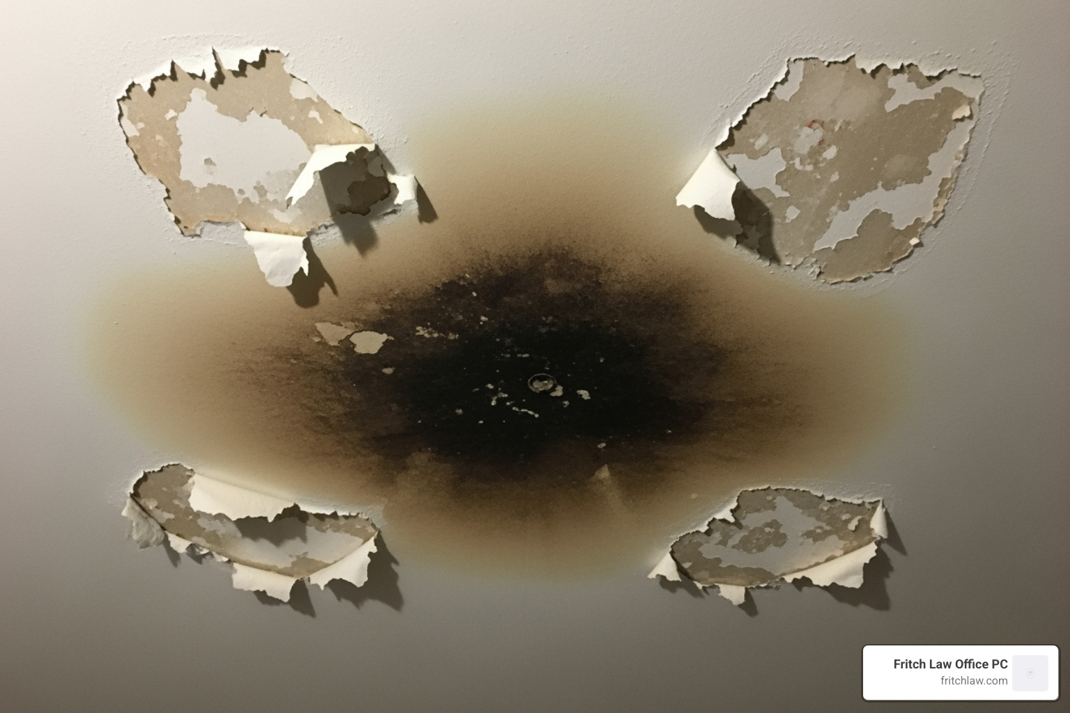 Image of a water-stained ceiling representing habitability issues. - free landlord tenant attorney Image of a water-stained ceiling representing habitability issues. - free landlord tenant attorney