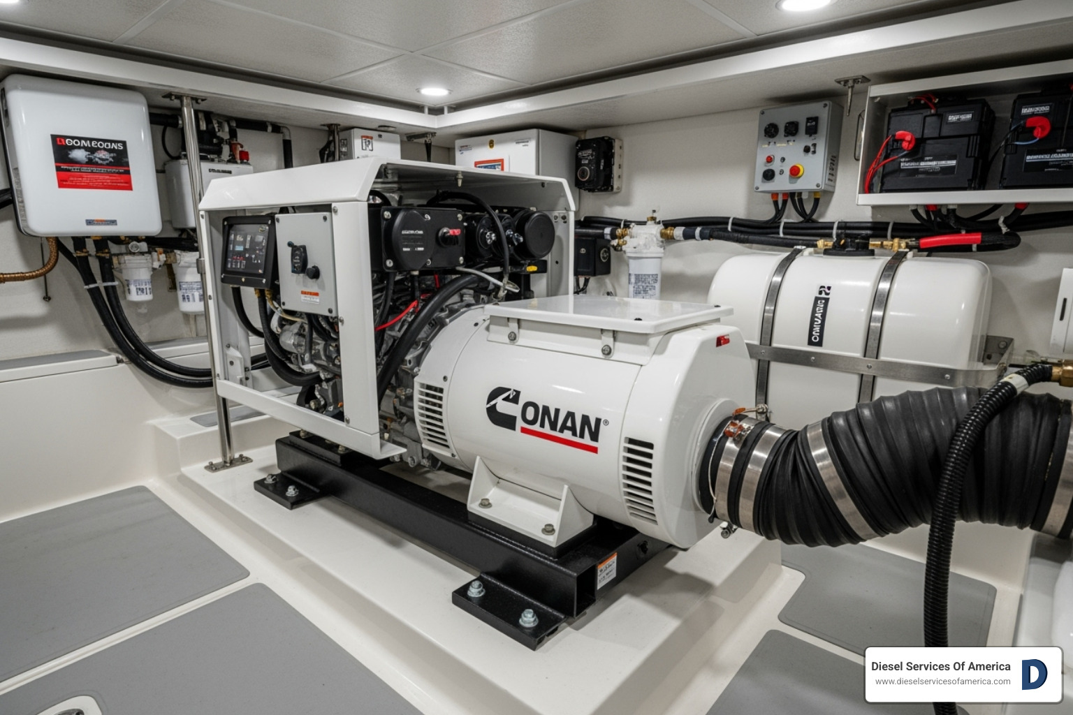 Compact Onan generator set installed in an engine room - cummins onan marine generator