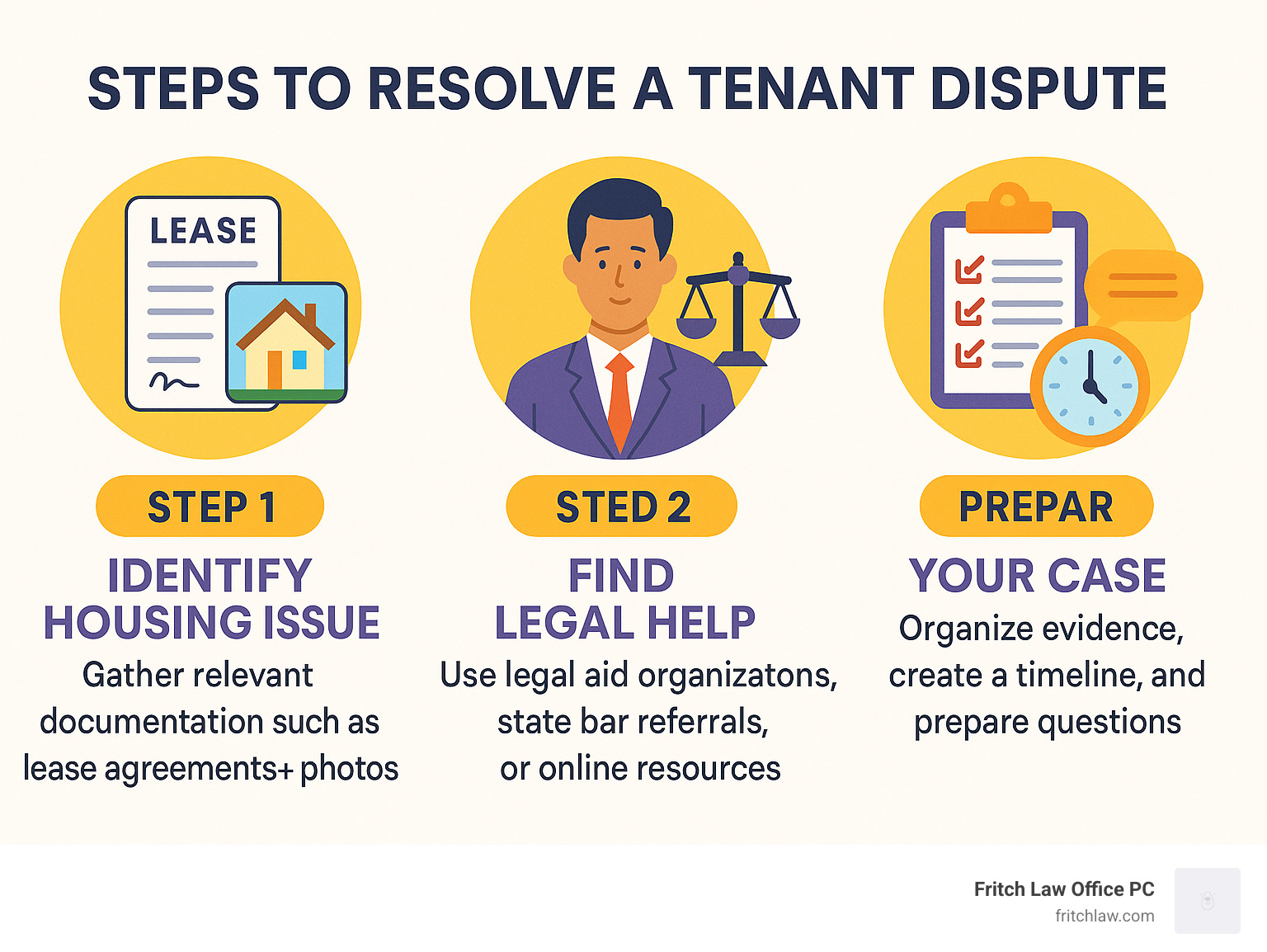 Infographic showing the 3 main steps to resolving a tenant dispute: Step 1 - Identify the specific housing issue and gather all relevant documentation including lease agreements and photos, Step 2 - Find appropriate legal help through legal aid organizations, state bar referrals, or online resources like ABA Free Legal Answers, and Step 3 - Prepare your case by organizing evidence, creating a timeline of events, and preparing specific questions for your consultation - free landlord tenant attorney infographic Infographic showing the 3 main steps to resolving a tenant dispute: Step 1 - Identify the specific housing issue and gather all relevant documentation including lease agreements and photos, Step 2 - Find appropriate legal help through legal aid organizations, state bar referrals, or online resources like ABA Free Legal Answers, and Step 3 - Prepare your case by organizing evidence, creating a timeline of events, and preparing specific questions for your consultation - free landlord tenant attorney infographic