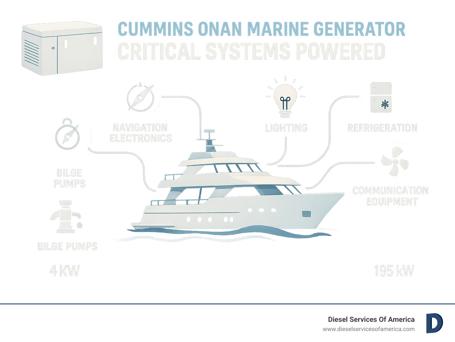 Infographic showing the critical systems powered by Cummins Onan marine generators including navigation electronics, lighting, air conditioning, refrigeration, communication equipment, and bilge pumps, with power requirements ranging from 4kW for small pleasure craft to 195kW for large commercial vessels - cummins onan marine generator infographic 
