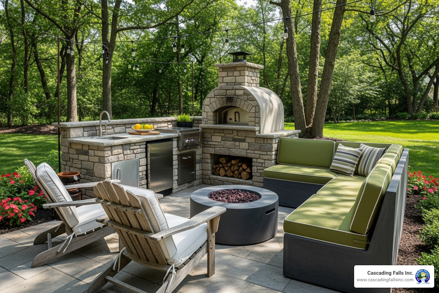 a unique outdoor kitchen featuring a pizza oven and creative seating - diy outdoor kitchen ideas