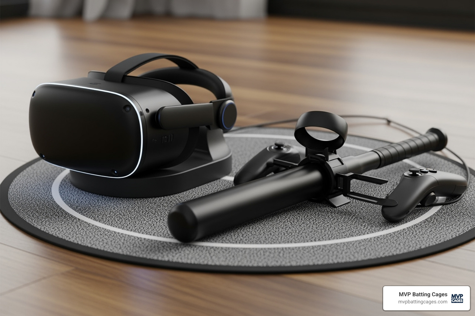 recommended VR baseball gear including a headset, bat attachment, and a VR mat - virtual baseball games