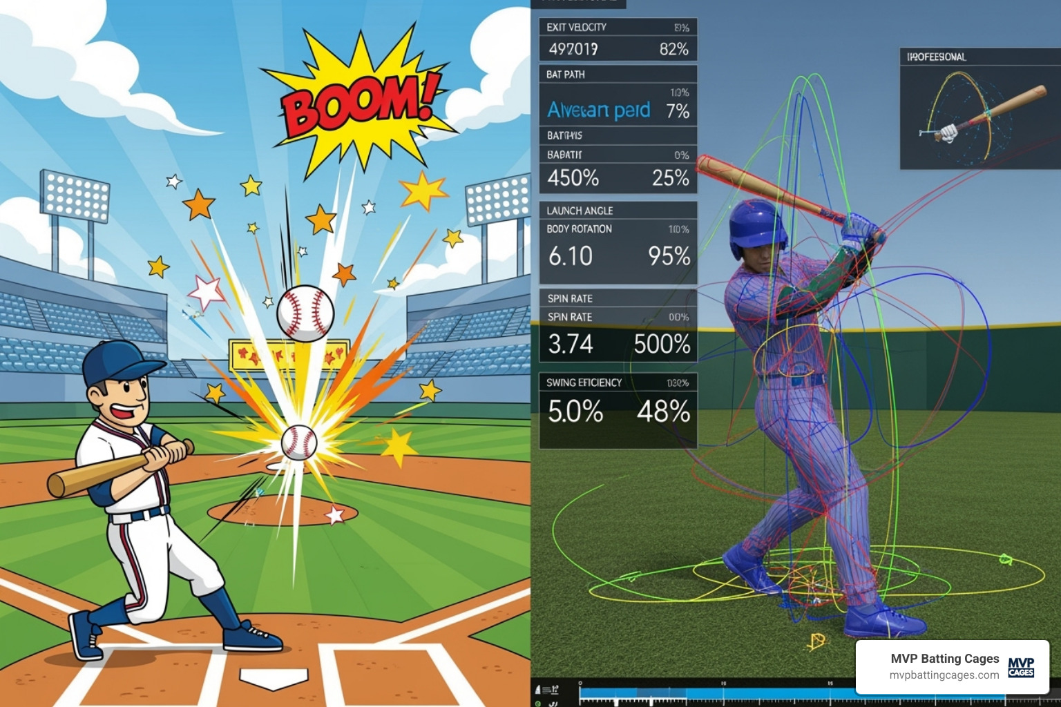 split-screen showing a colorful, explosive arcade baseball game on one side and a realistic, data-heavy simulator on the other - virtual baseball games