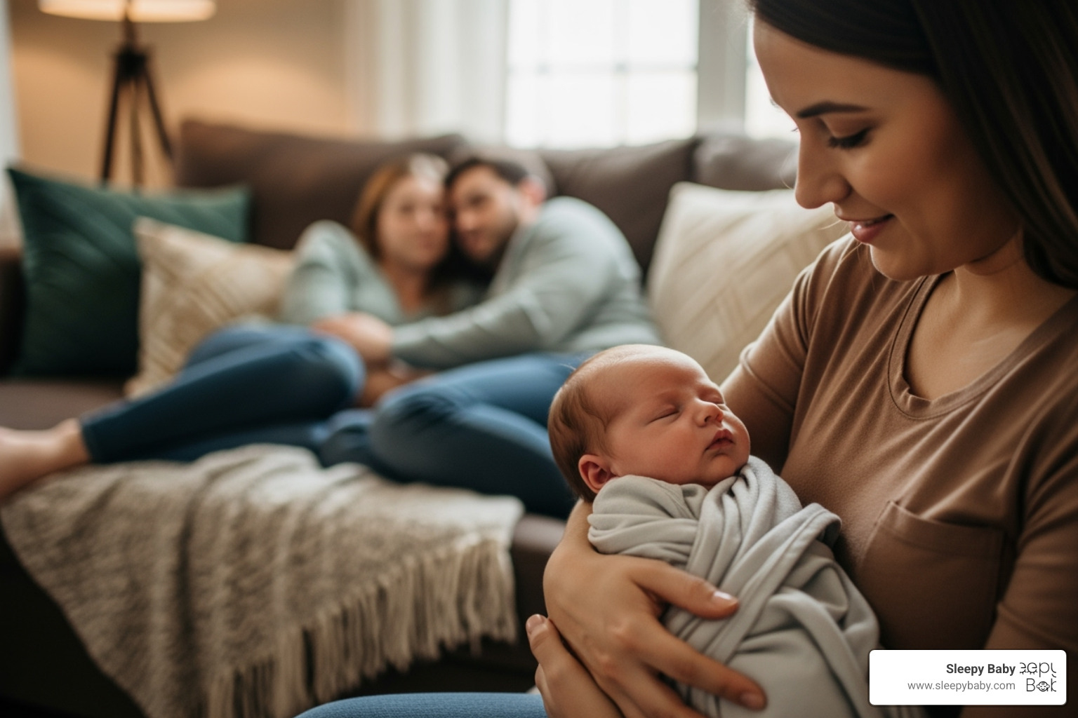 a friend holding a baby while the parents rest on a couch in the background - gift for sleep deprived