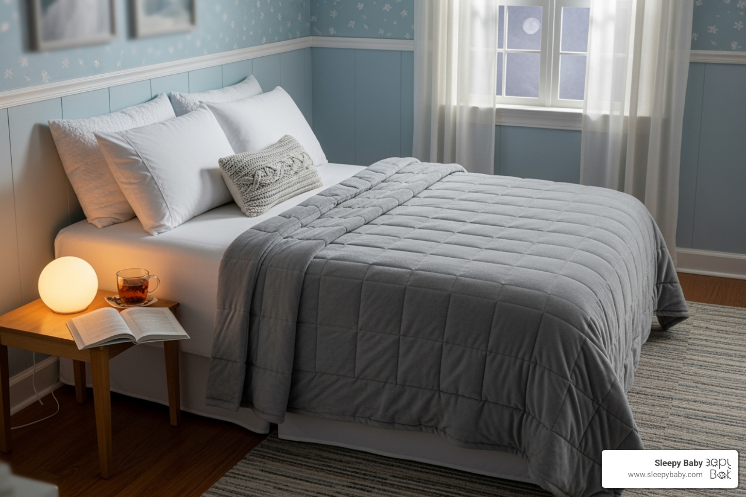 a cozy bedroom with a weighted blanket and a gentle night light - gift for sleep deprived