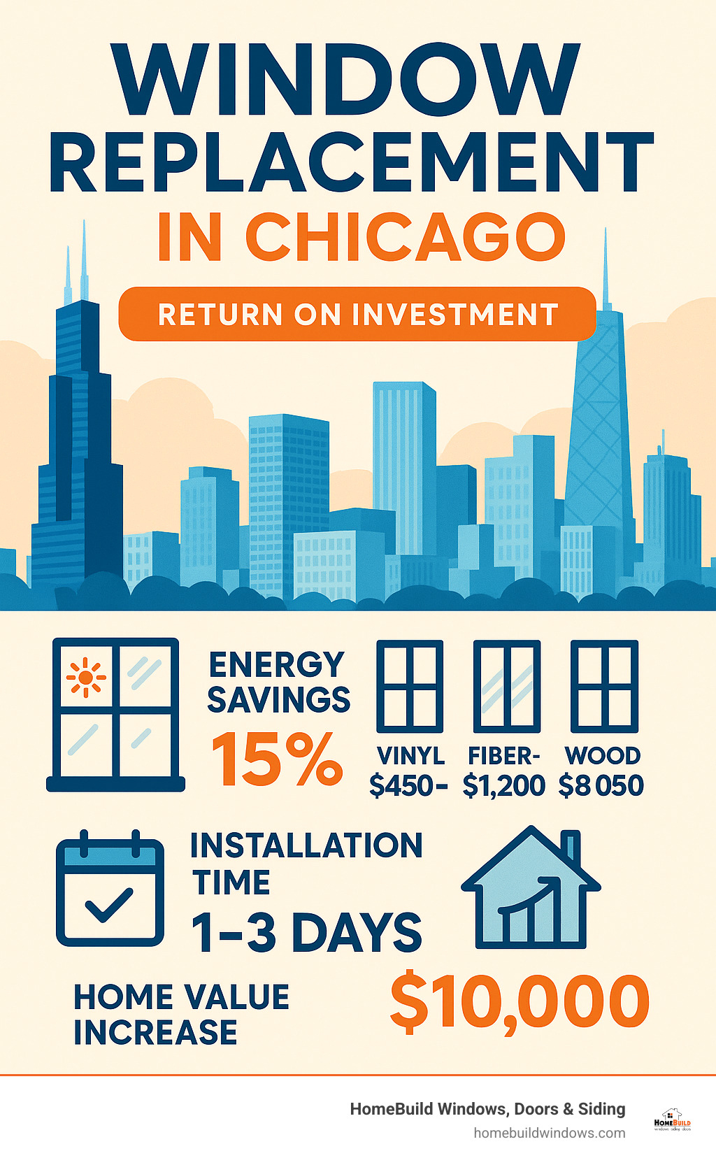 Comprehensive infographic showing Chicago window replacement return on investment, featuring energy savings percentages, average cost ranges for vinyl, fiberglass and wood windows, typical installation timeline of 1-3 days, and home value increase statistics with Chicago skyline background - window replacement in chicago infographic 