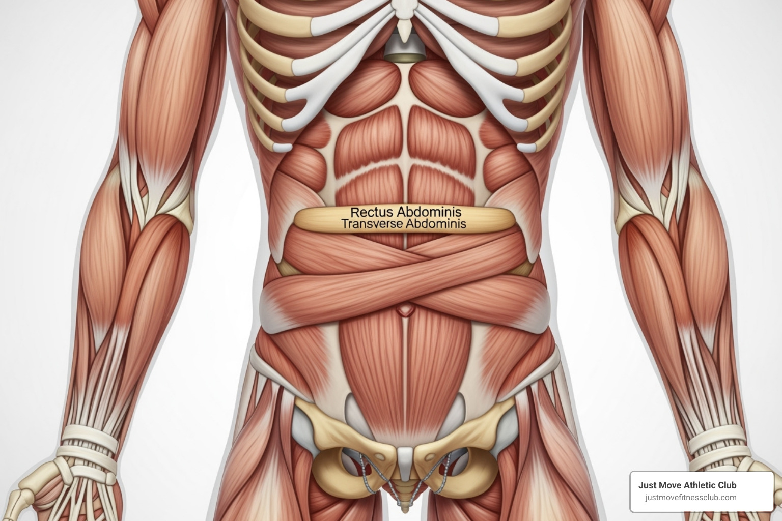 Human torso highlighting the major core muscles: transverse abdominis, rectus abdominis, obliques, erector spinae, glutes, and pelvic floor - core workout classes Human torso highlighting the major core muscles: transverse abdominis, rectus abdominis, obliques, erector spinae, glutes, and pelvic floor - core workout classes