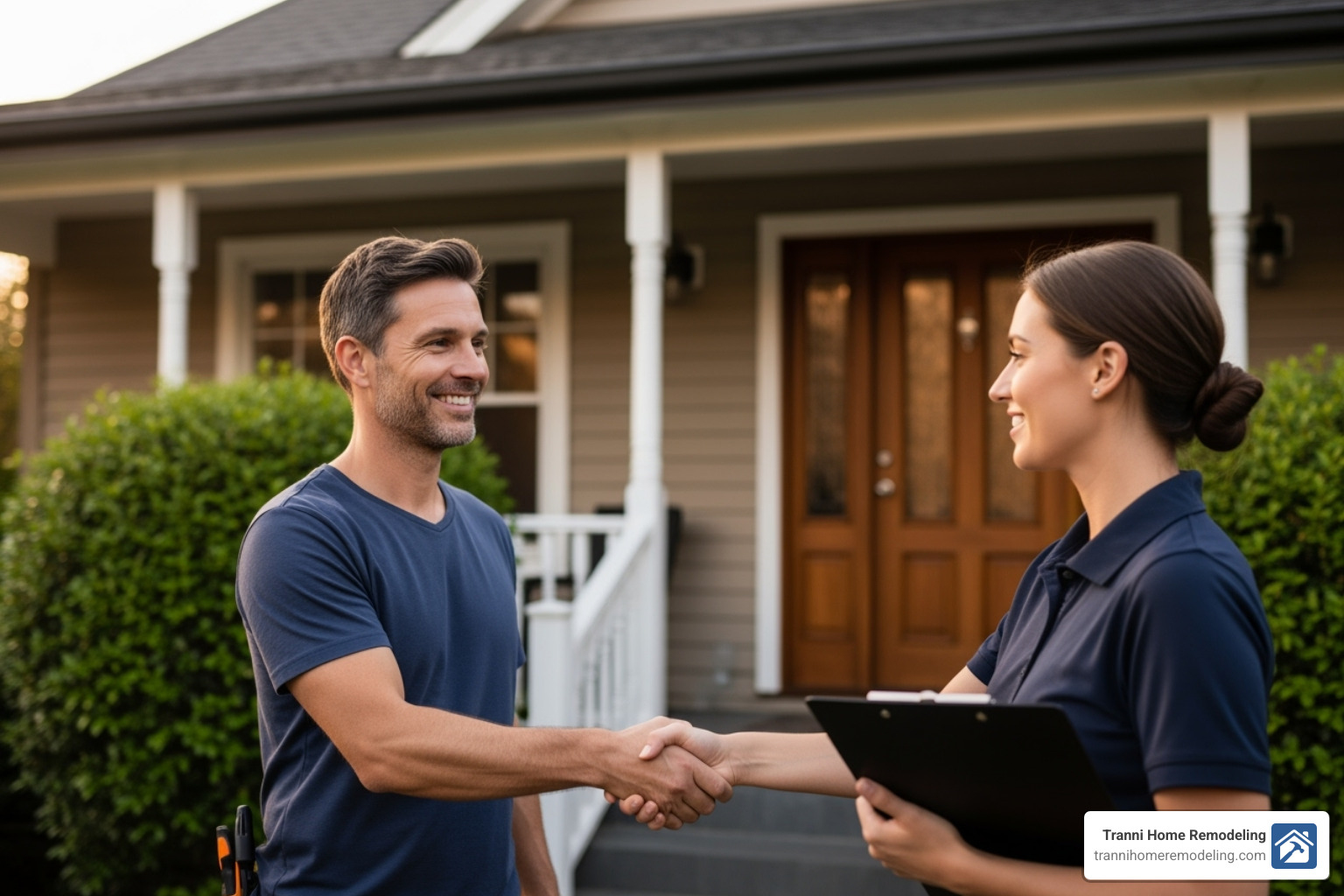 Homeowner shaking hands with a contractor - porch contractor near me