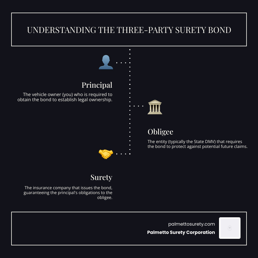 Infographic showing the three-party surety bond relationship: principal (vehicle owner who needs the bond), obligee (state dmv requiring the bond), and surety (insurance company issuing the bond), with arrows indicating the flow of obligations and protection between each party - lost vehicle title bond infographic infographic-line-3-steps-dark