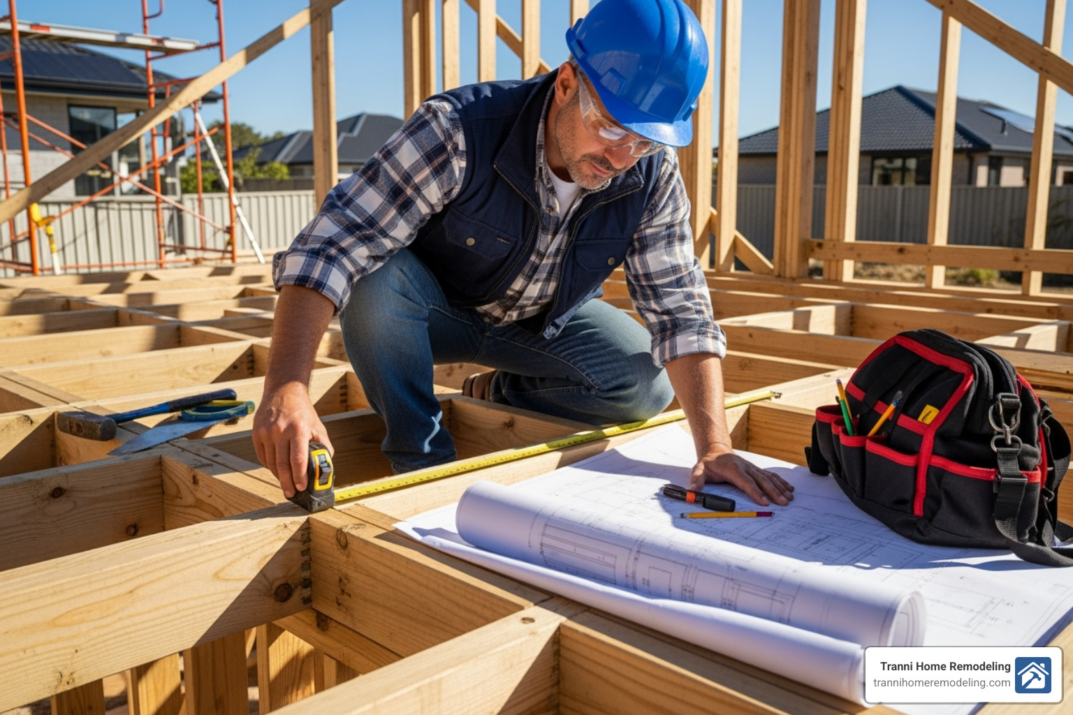 Contractor measuring and planning porch construction - porch contractor near me