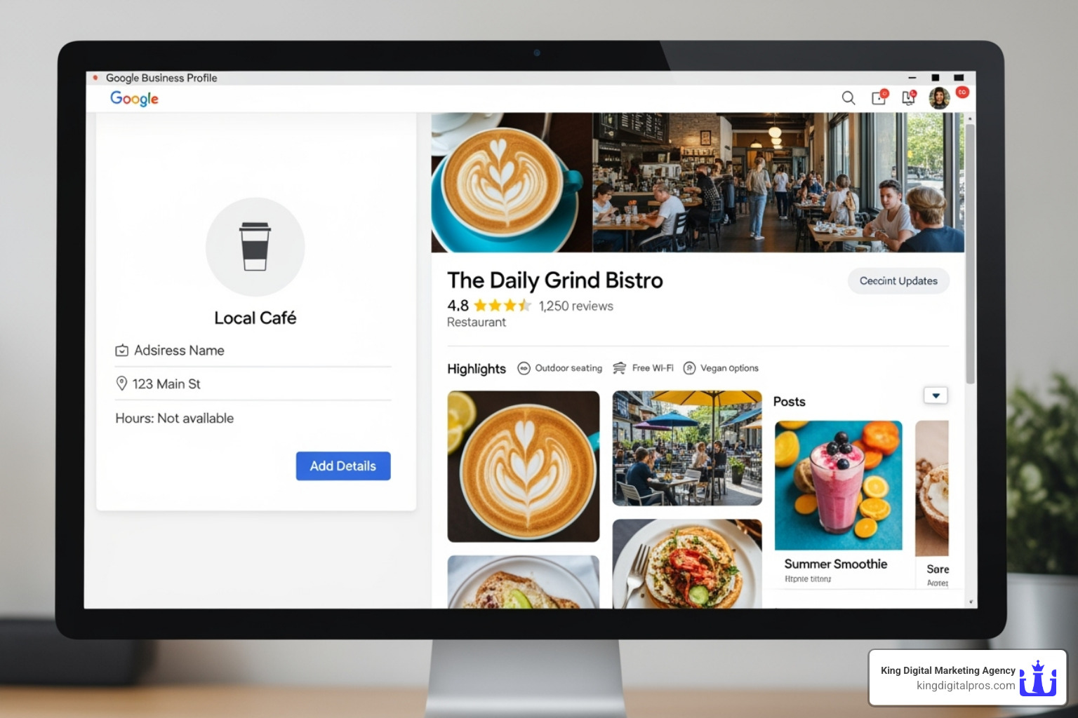 Image comparing an unoptimized vs. a fully optimized Google Business Profile - Business profile optimization