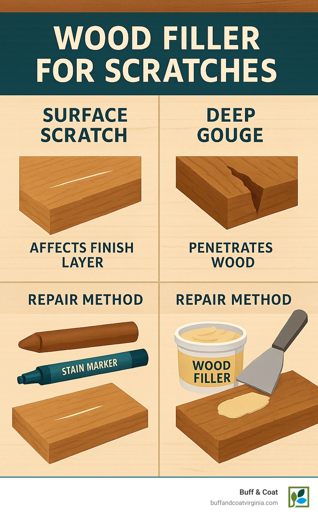 Comprehensive infographic showing the difference between surface scratches that only affect the finish layer versus deep gouges that penetrate into the wood fiber, with visual examples of appropriate repair methods for each type of damage - wood filler for scratches infographic Comprehensive infographic showing the difference between surface scratches that only affect the finish layer versus deep gouges that penetrate into the wood fiber, with visual examples of appropriate repair methods for each type of damage - wood filler for scratches infographic