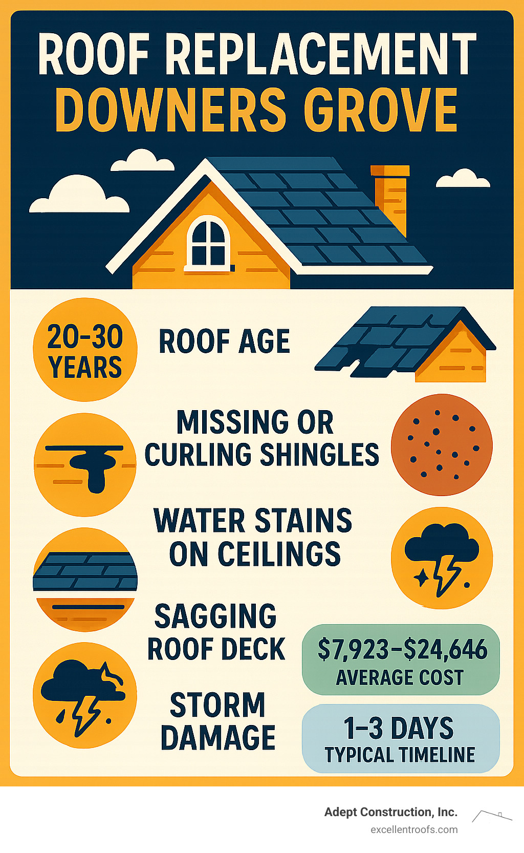 Comprehensive infographic showing key signs that indicate when a Downers Grove home needs roof replacement, including roof age over 20-30 years, missing or curling shingles, granule loss, water stains on ceilings, sagging roof deck, and storm damage, with average cost ranges and typical project timeline - roof replacement downers grove infographic 