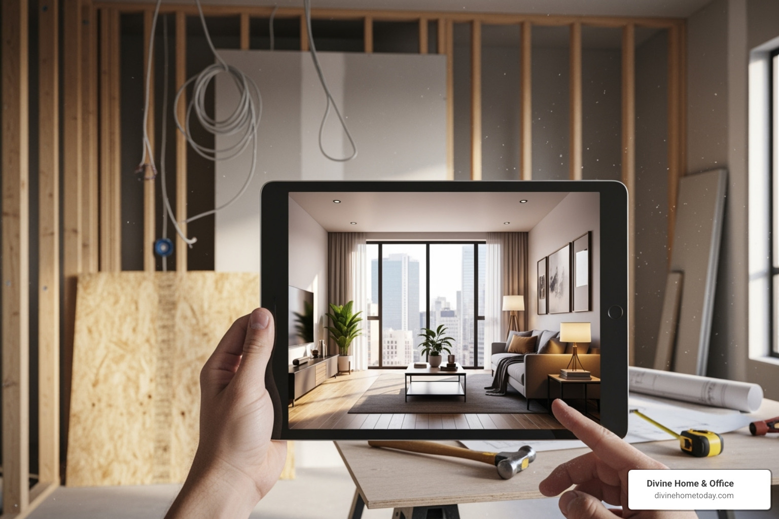 image of a 3D room rendering displayed on a tablet in a partially finished room - interior decorator services