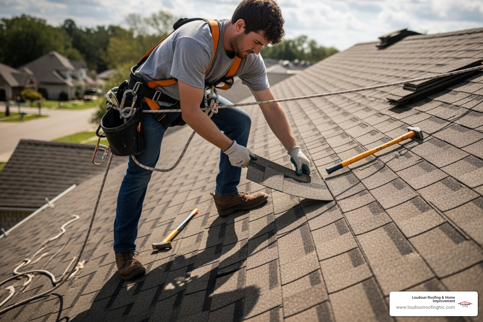 Roofer carefully replacing a damaged shingle, wearing an OSHA-compliant safety harness - roofing repair great falls va