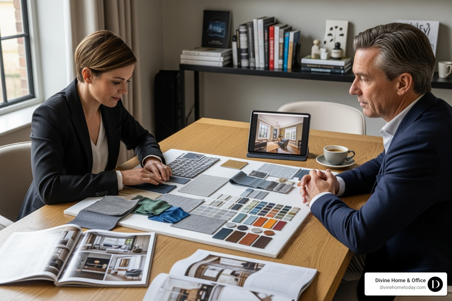 image of a designer and client reviewing a mood board with fabric swatches and paint chips - interior decorator services