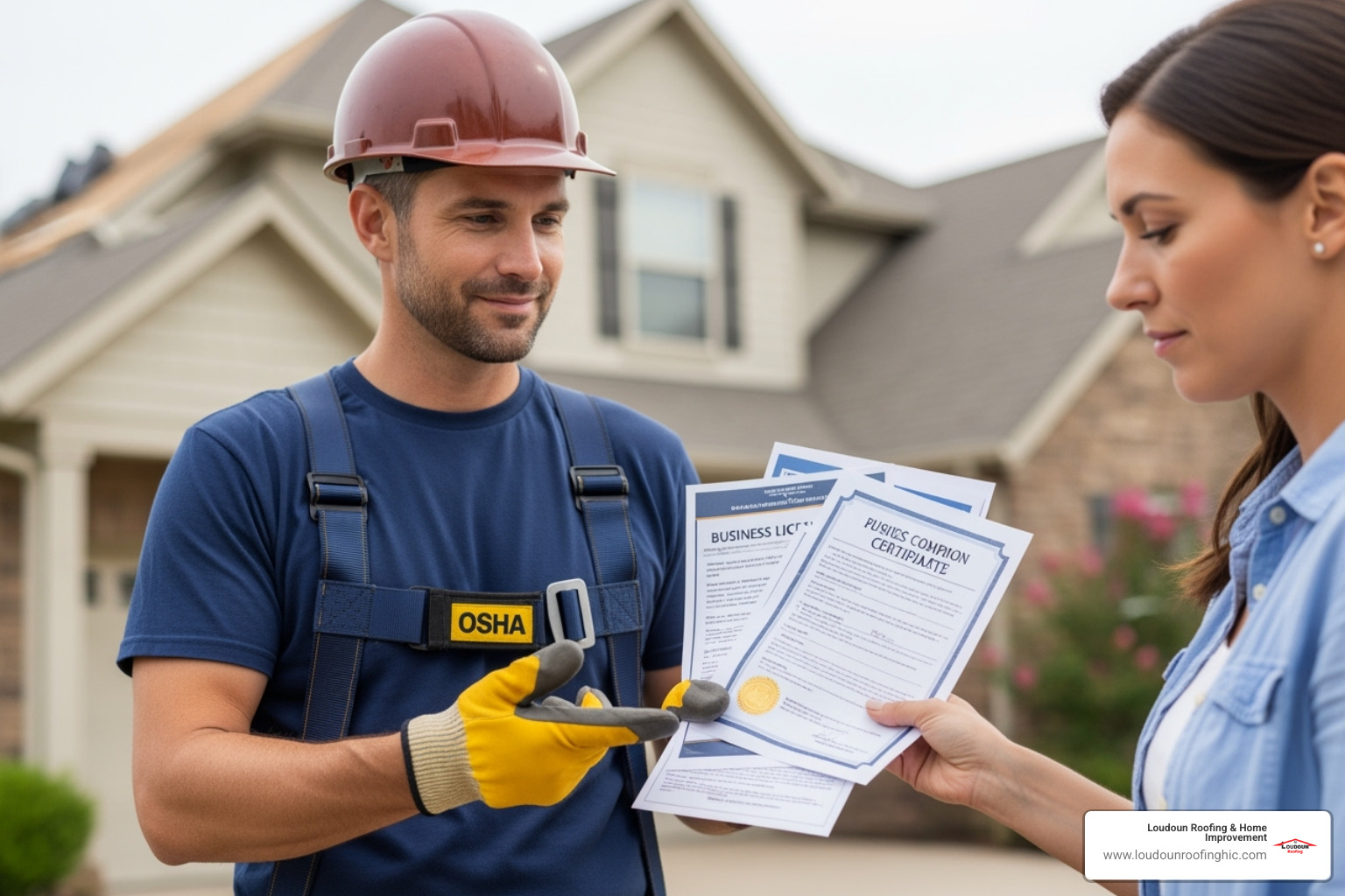 Contractor wearing an OSHA-compliant safety harness, showing a homeowner their license and insurance documents - roofing repair great falls va