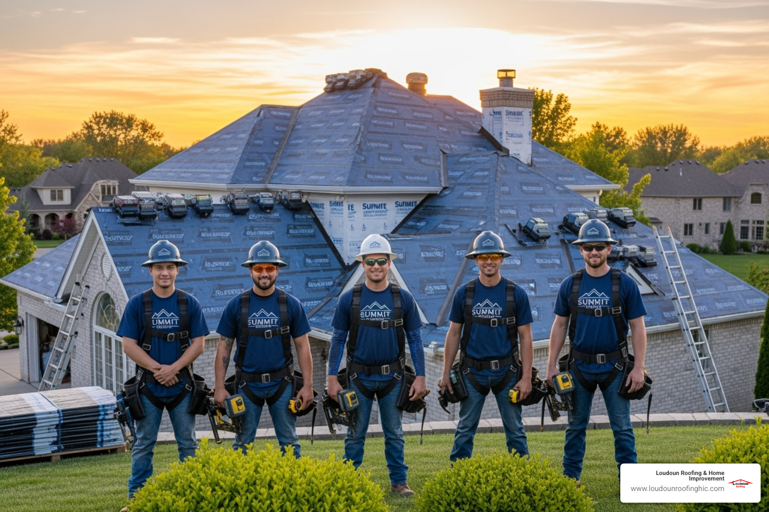 Loudoun Roofing & Home Improvement team members in OSHA-compliant safety harnesses standing proudly in front of a beautifully completed residential roofing project - roofing repair great falls va