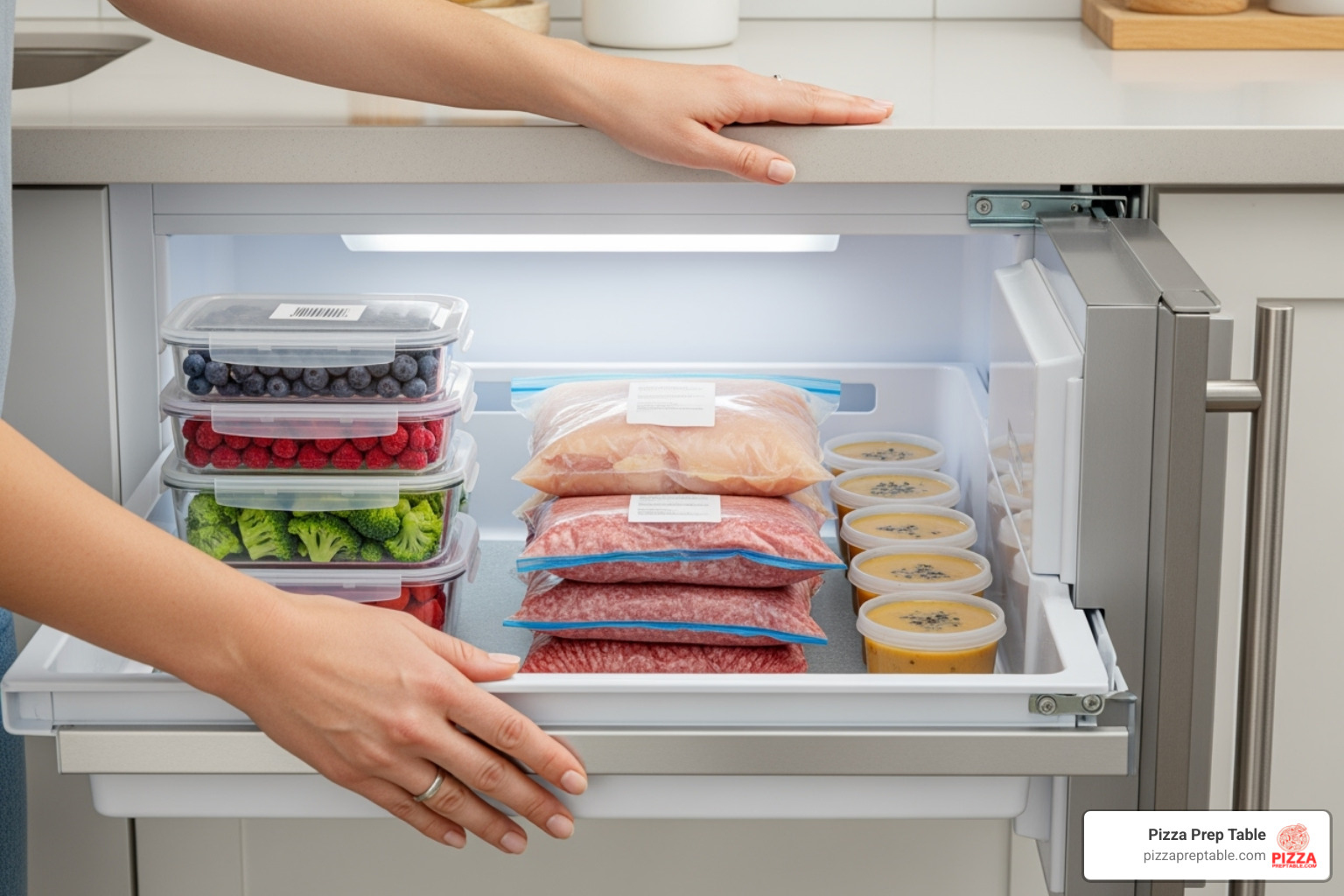 person opening a well-organized undercounter freezer drawer - compact under counter freezer person opening a well-organized undercounter freezer drawer - compact under counter freezer