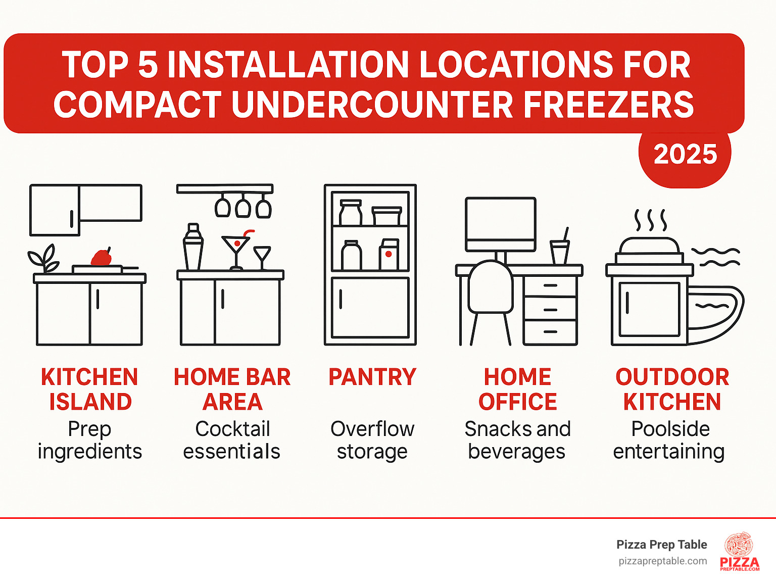 Infographic showing the top 5 installation locations for compact undercounter freezers: kitchen island for prep ingredients, home bar area for cocktail essentials, pantry for overflow storage, home office for snacks and beverages, and outdoor kitchen for poolside entertaining - compact under counter freezer infographic  Infographic showing the top 5 installation locations for compact undercounter freezers: kitchen island for prep ingredients, home bar area for cocktail essentials, pantry for overflow storage, home office for snacks and beverages, and outdoor kitchen for poolside entertaining - compact under counter freezer infographic