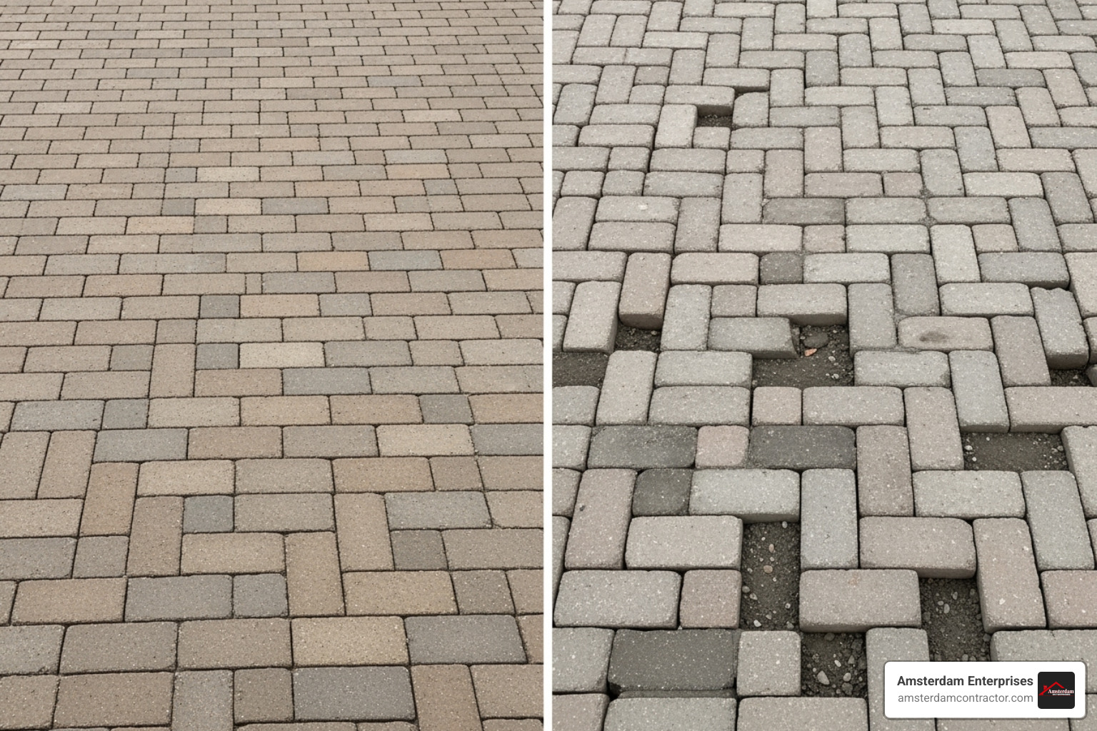 image comparing a professionally laid brick patio to a poorly done DIY one - masonry near me