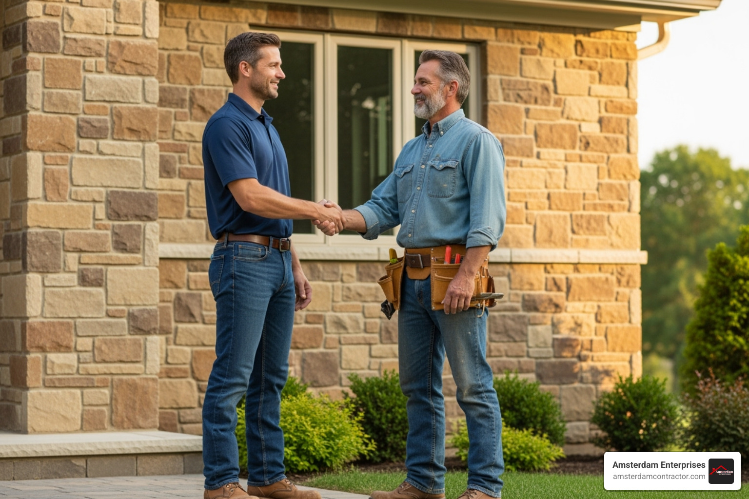 image of a homeowner shaking hands with a masonry contractor - masonry near me