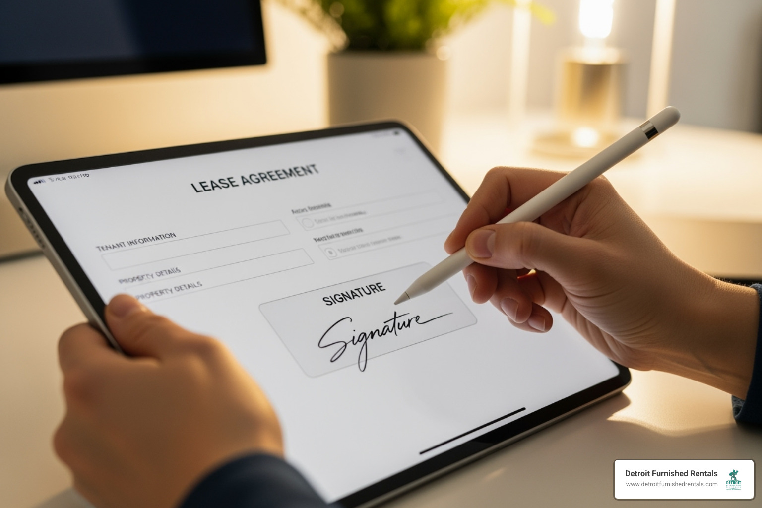 a person signing a lease agreement on a tablet - short term corporate rentals detroit