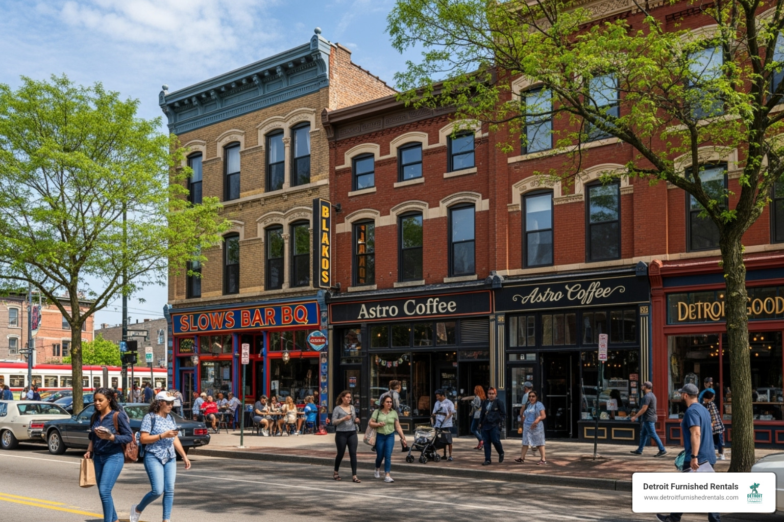 a vibrant street scene in a popular Detroit neighborhood like Corktown or Midtown - short term corporate rentals detroit