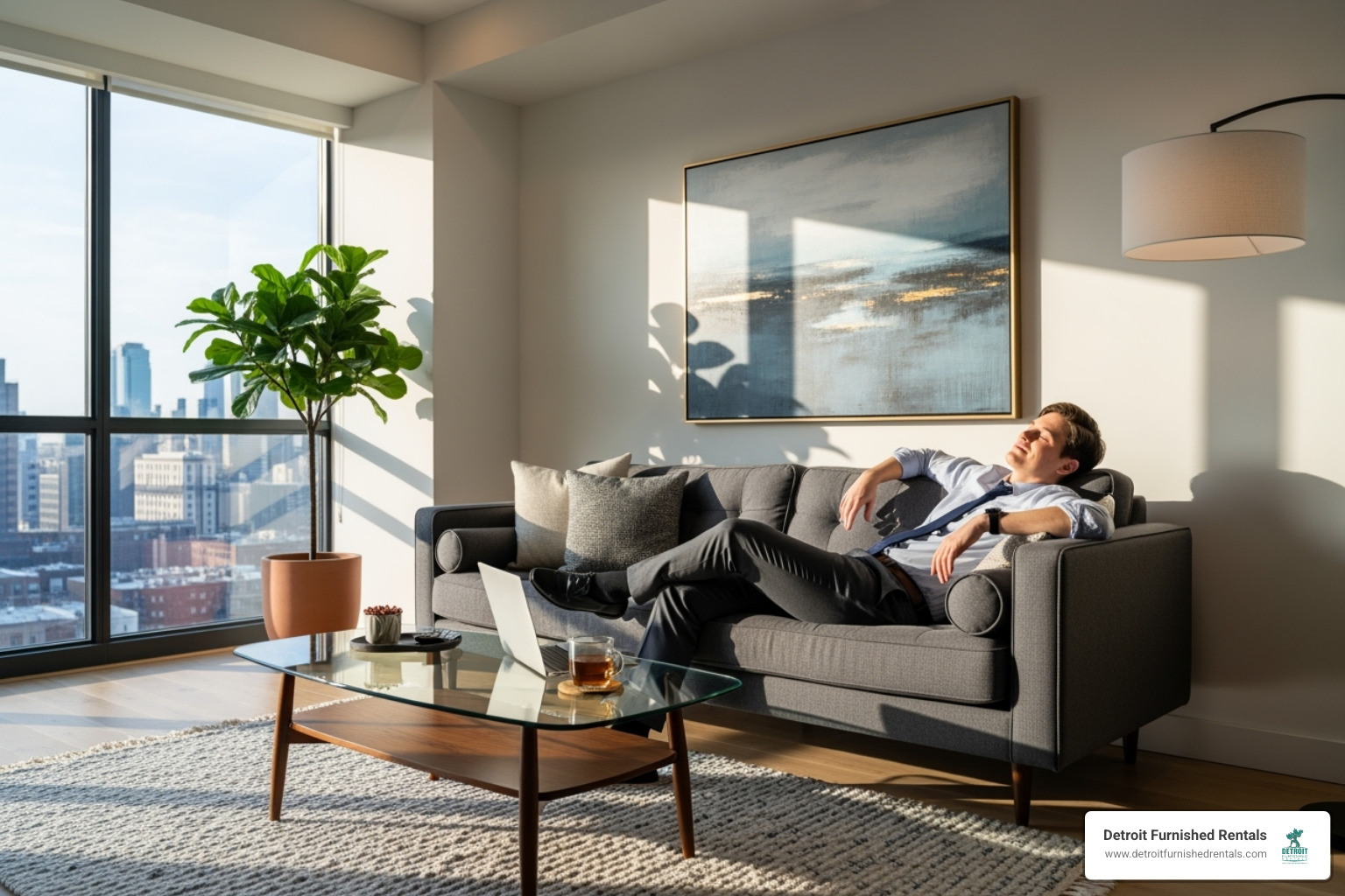 a professional relaxing in a spacious, well-lit apartment living room - short term corporate rentals detroit