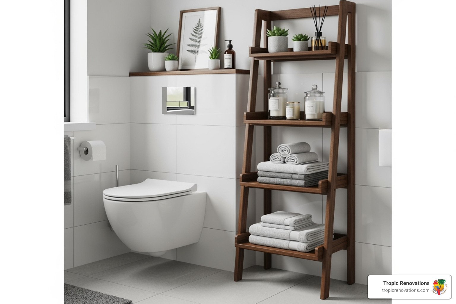 stylish over-the-toilet ladder shelving - Small bathroom solutions?