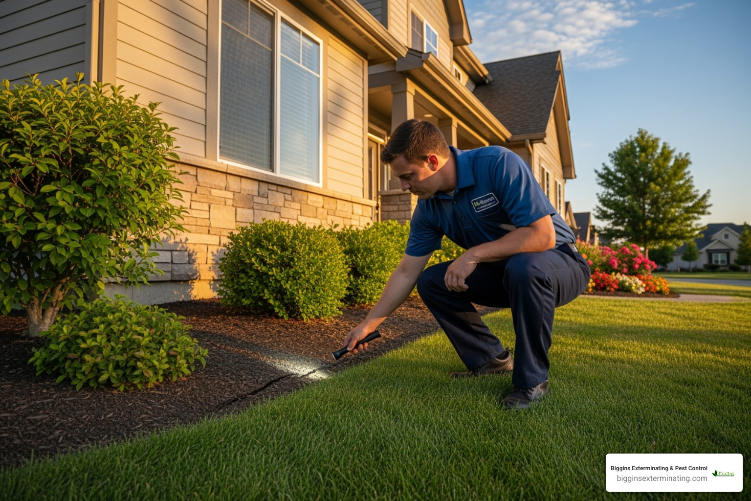 Pest control technician inspecting the exterior of a home - ant control services