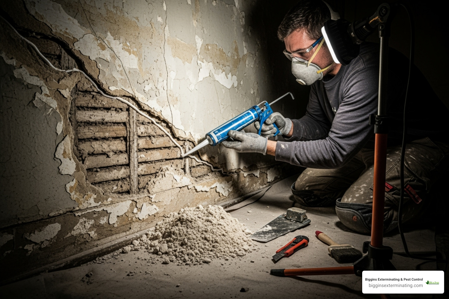 Person sealing a crack in a wall - ant control services