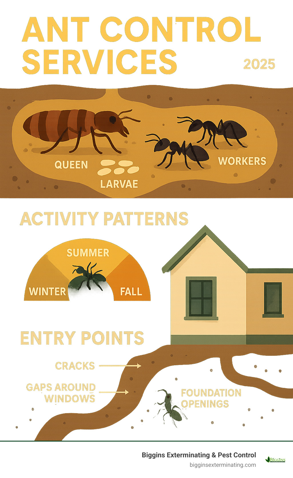 Comprehensive infographic showing ant colony structure with queen, workers, and larvae in underground chambers, plus seasonal activity patterns showing peak foraging times and common entry points into homes including cracks, gaps around windows, and foundation openings - ant control services infographic 