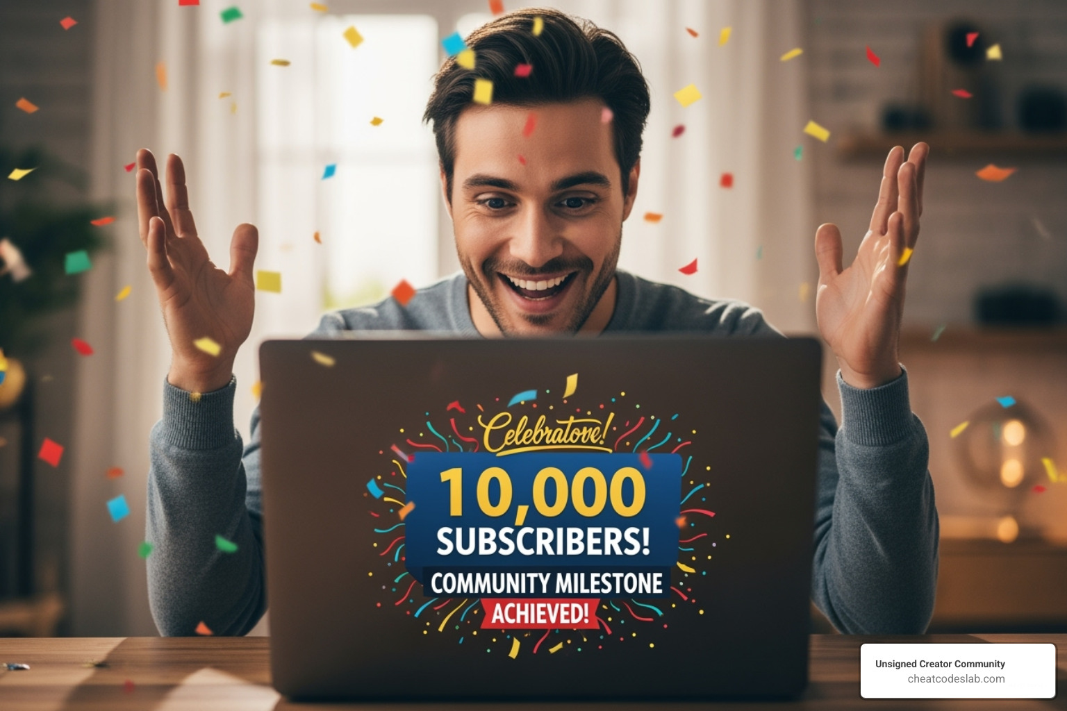 A creator smiling and celebrating a community milestone on their laptop, with confetti in the background - creator community platform