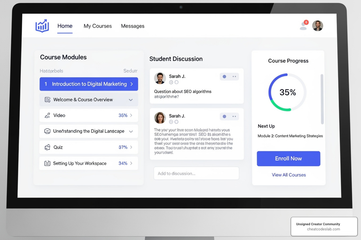 A screenshot of a creator's branded online course page within their community platform, featuring course modules, student discussions, and enrollment options - creator community platform